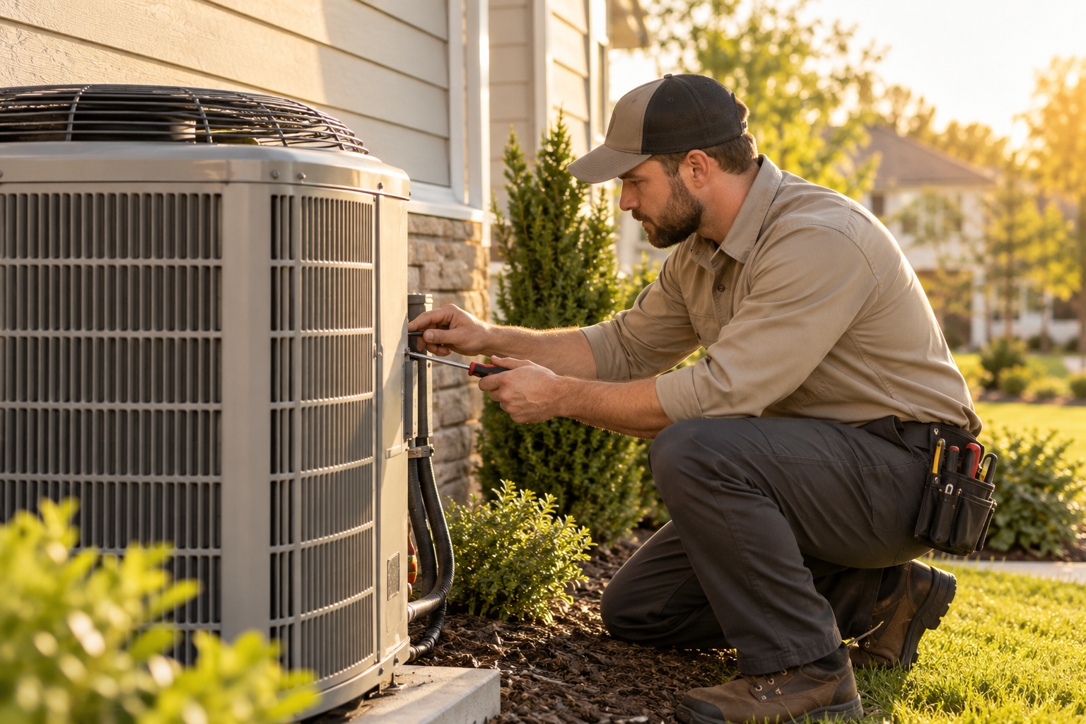 Illustrative image of an HVAC technician working on a residential air-conditioning unit